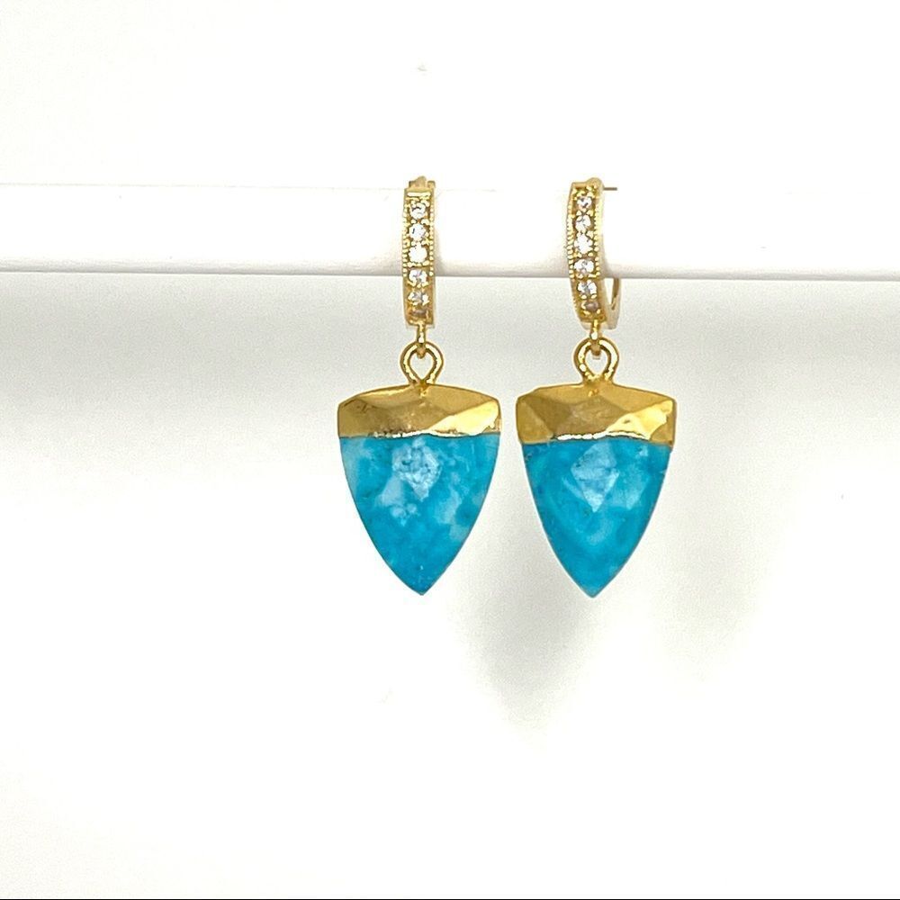 Gold huggie hoops for women with Genuine turquoise charms
